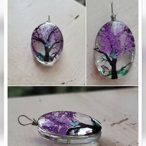 New glass pressed flowers butterflies purple tree pendant